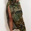 Bottoms female | Statement Camouflage Print Pocket High Slit Long Skirt Army Green