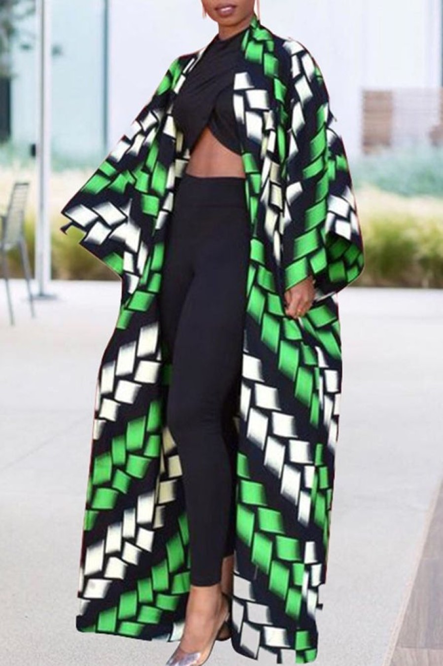 Tops & Outerwear female | Ethnic Plaid Print Batwing Sleeve Loose Long Windbreaker Green