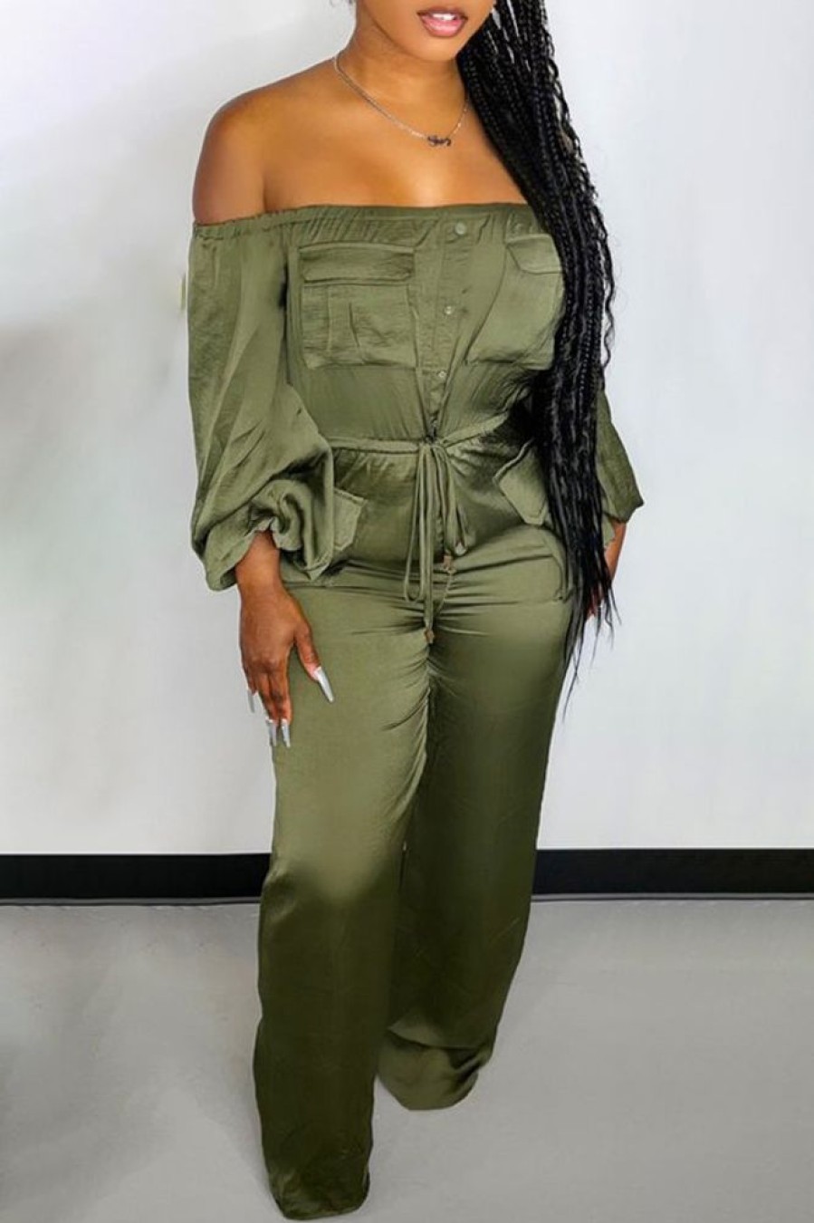 Jumpsuits & Rompers female | Elegant Pocket Off Shoulder Long Sleeve Straight Wide Leg Jumpsuit Green