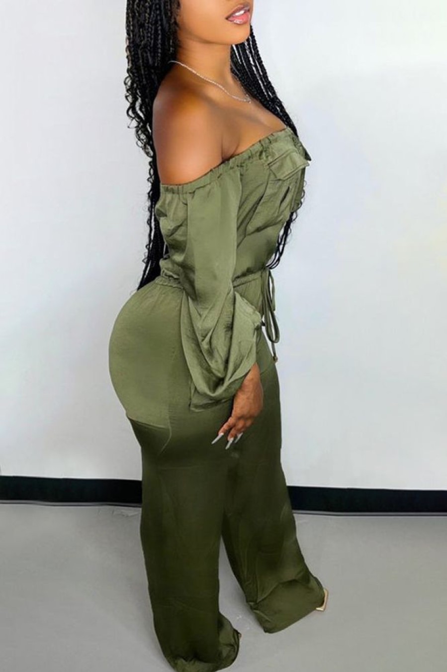 Jumpsuits & Rompers female | Elegant Pocket Off Shoulder Long Sleeve Straight Wide Leg Jumpsuit Green