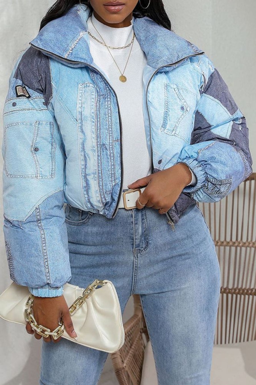 Tops & Outerwear female | Fashionable Denim Printed Cotton Jacket Blue