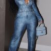 Jumpsuits & Rompers female | Fashion Denim-Like Print Lapel Long Sleeve Slim-Fit Stretch Jumpsuit Blue