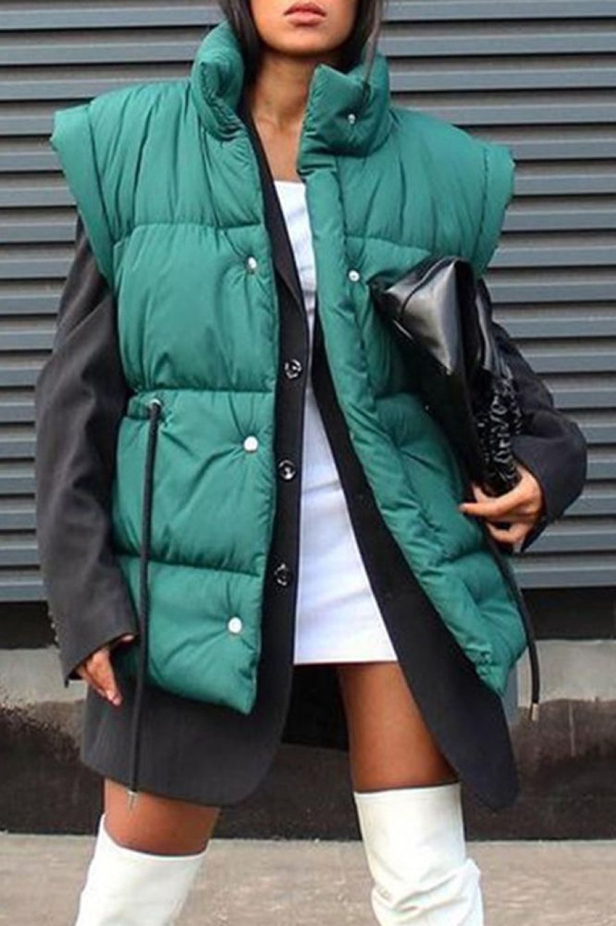 Tops & Outerwear female | Casual Stand Collar Button Tether Padded Vest Green