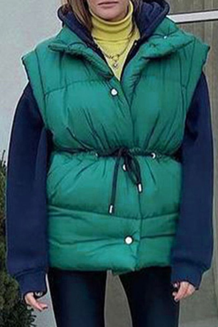 Tops & Outerwear female | Casual Stand Collar Button Tether Padded Vest Green