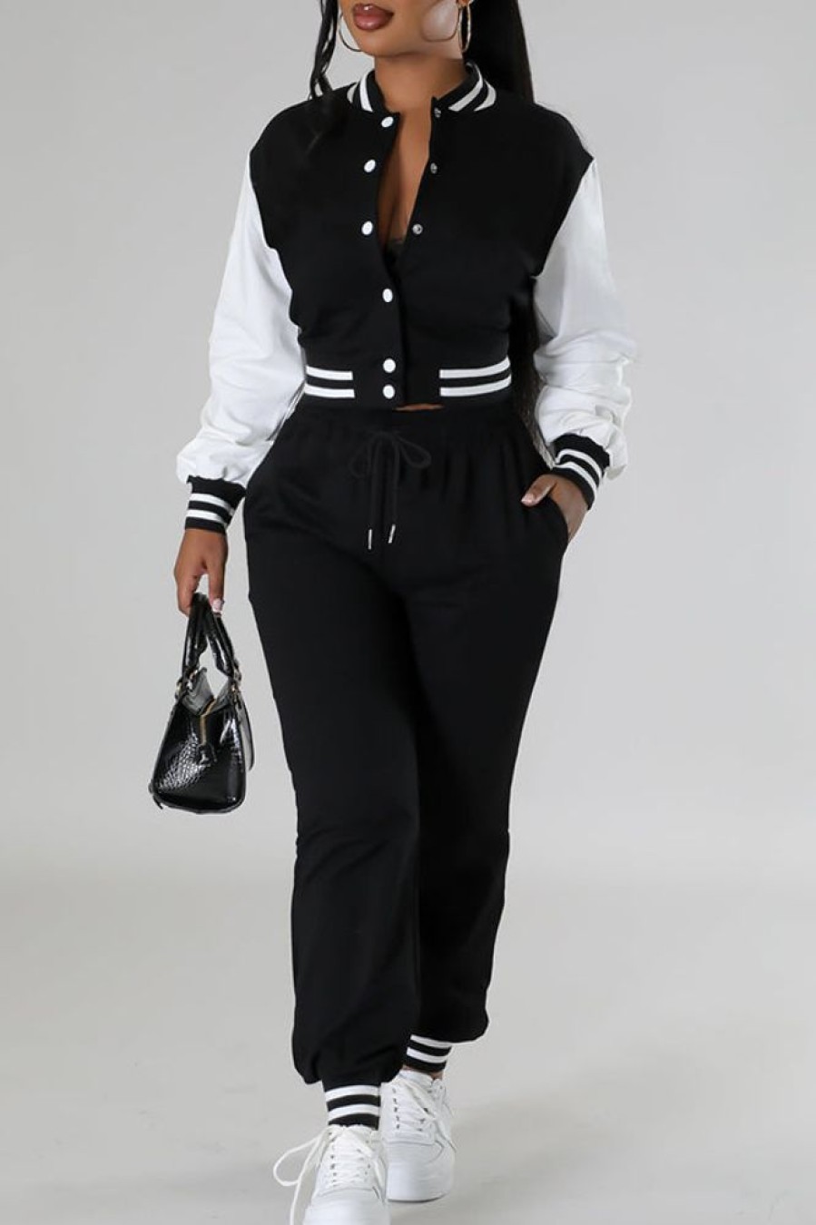 2-Pieces female | Casual Long Sleeve Baseball Jacket Pants Set Black