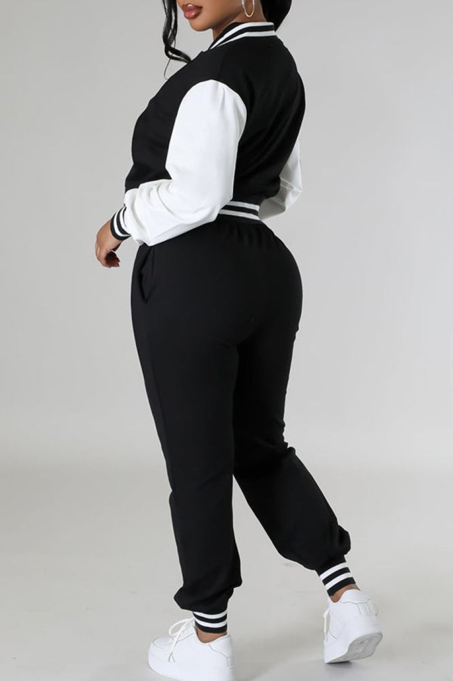 2-Pieces female | Casual Long Sleeve Baseball Jacket Pants Set Black