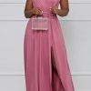 Dresses female | Sexy Plus Size Solid Color Halter Slit Maxi Dress Pink