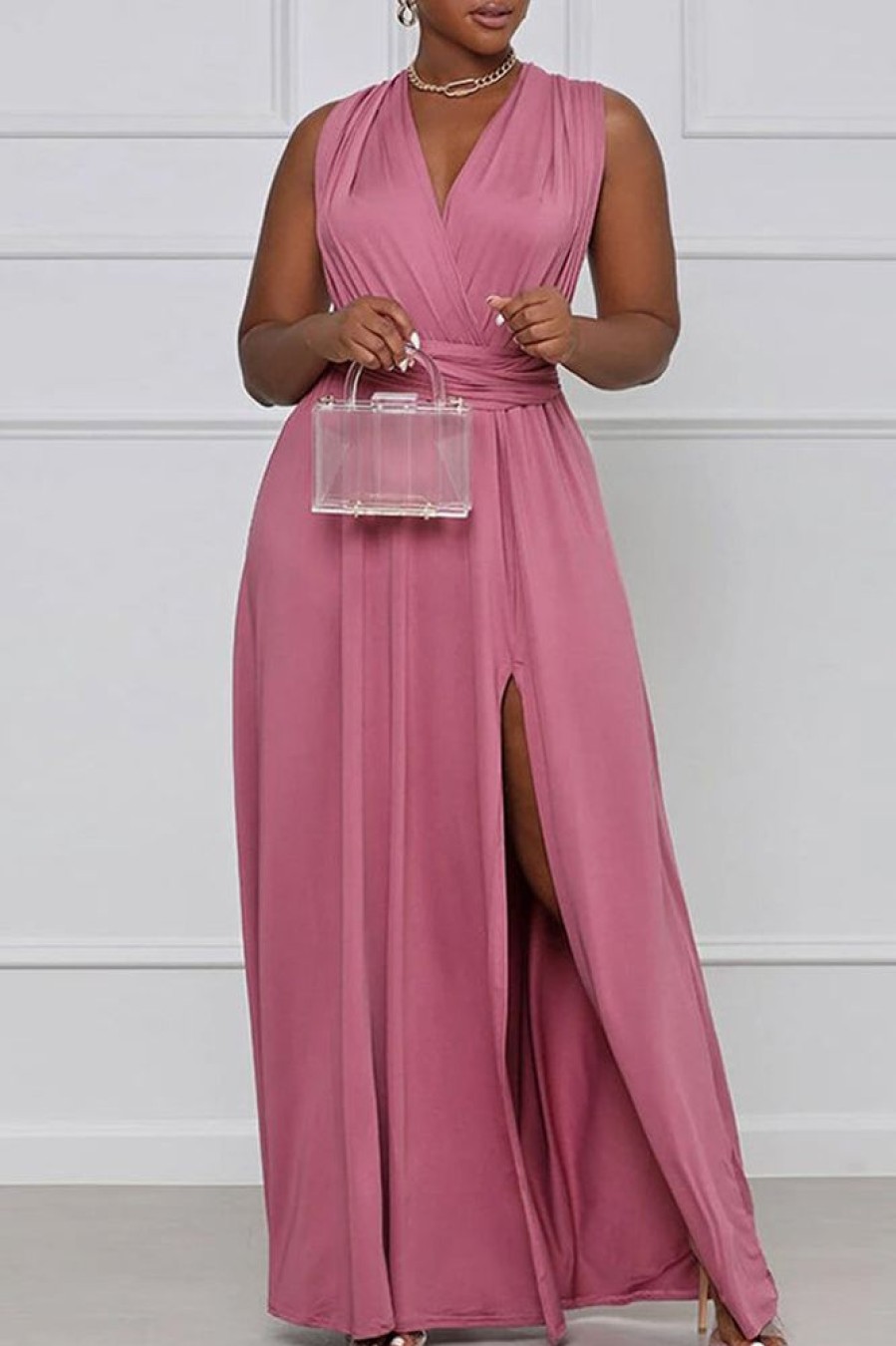 Dresses female | Sexy Plus Size Solid Color Halter Slit Maxi Dress Pink