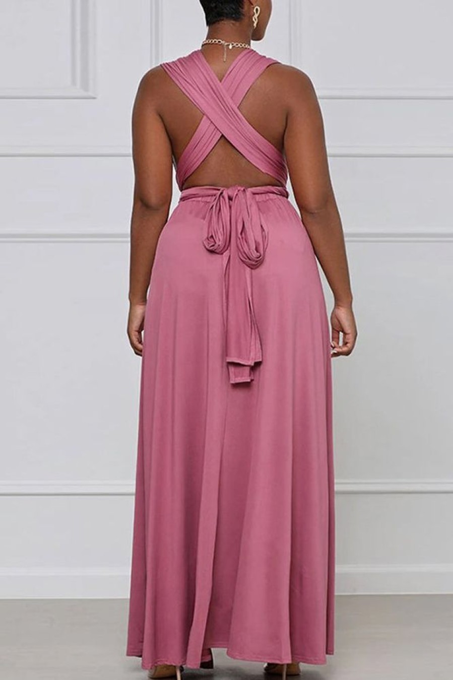 Dresses female | Sexy Plus Size Solid Color Halter Slit Maxi Dress Pink