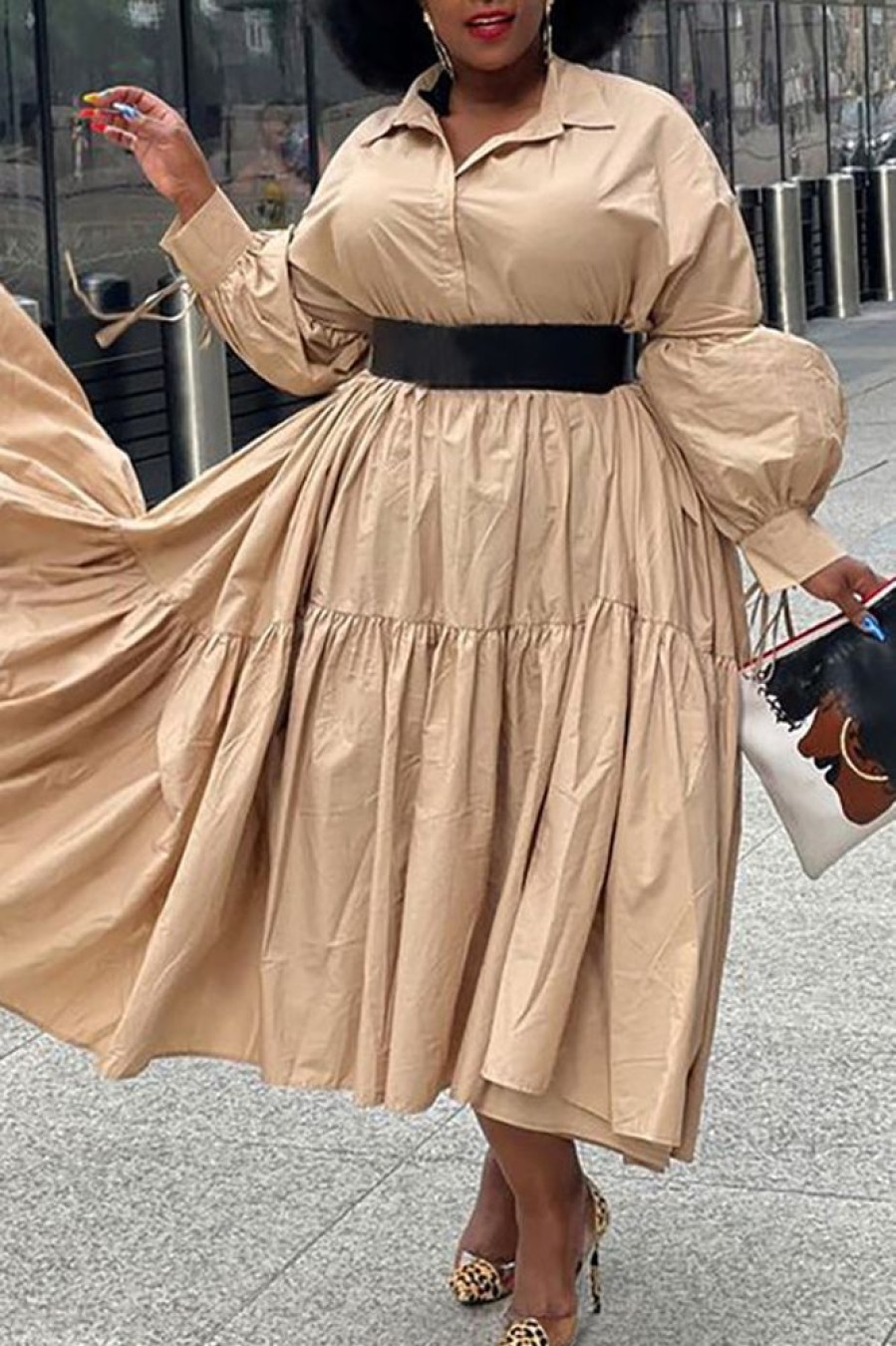 Dresses female | Plus Size Single-Breasted Solid Color Loose Shirt Dress