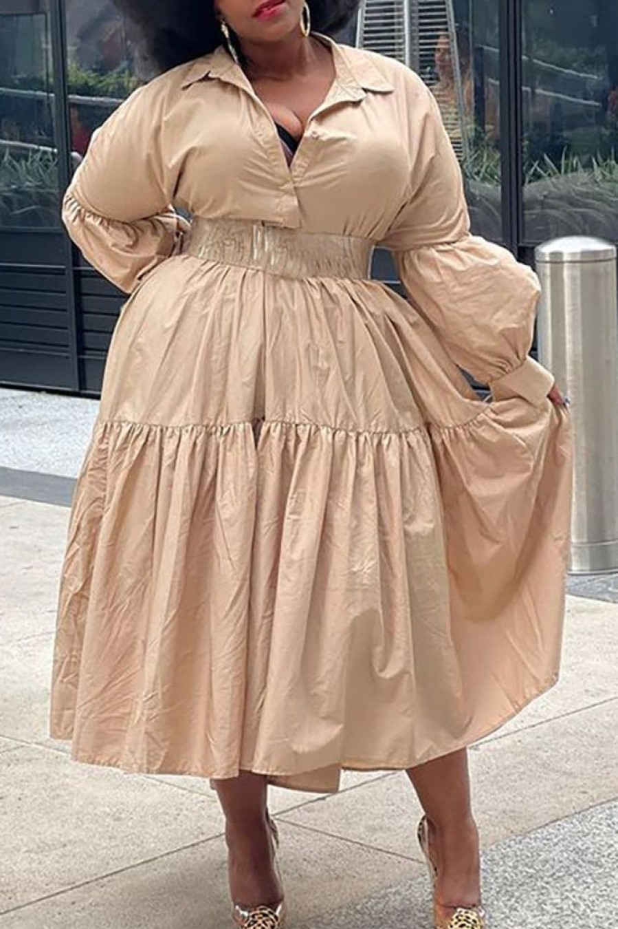 Dresses female | Plus Size Single-Breasted Solid Color Loose Shirt Dress