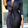 Dresses female | Knotted Pleated Long-Sleeved Midi Shirt Dress