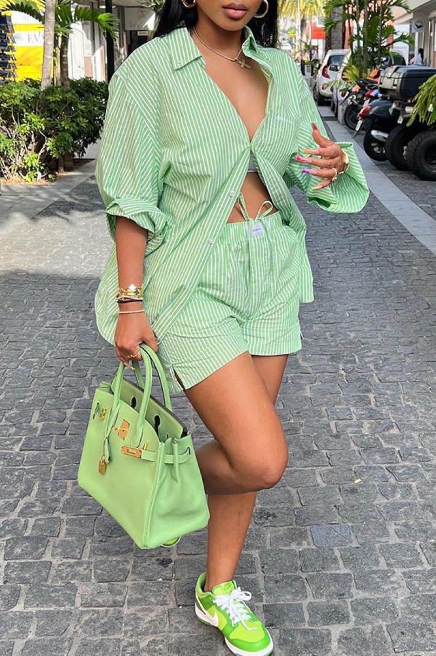 2-Pieces female | Trendy Resort Striped Shirt Shorts Set Green