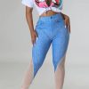 Bottoms female | Fashion Faux Denim Positioning Print See-Through Mesh Panel Leggings