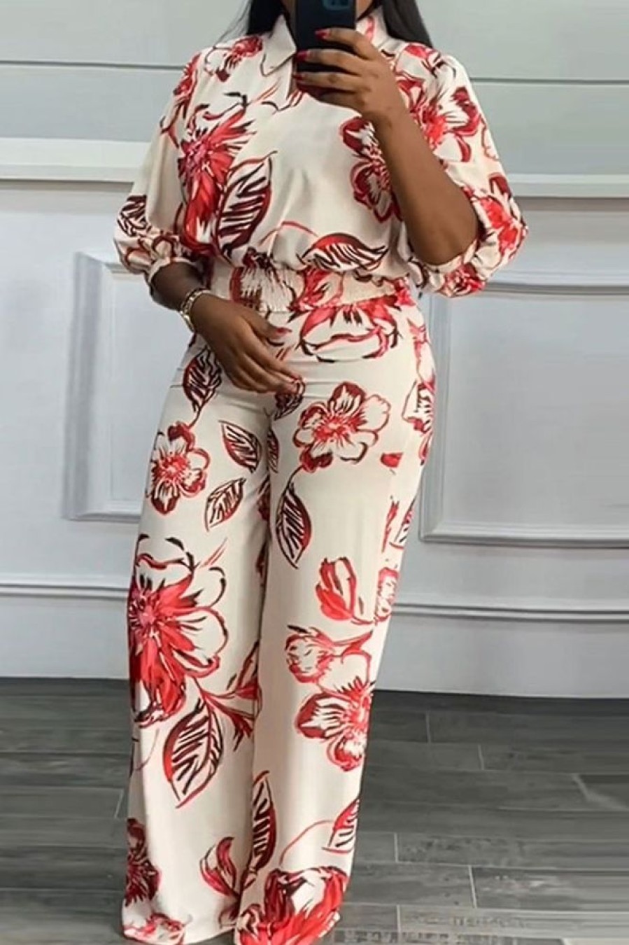 2-Pieces female | Casual Printed Stretch Long-Sleeved Shirt Two-Piece Set Red