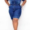 Jumpsuits & Rompers female | Casual Bead Decoration Single Breasted Lace Up Denim Rompers Blue