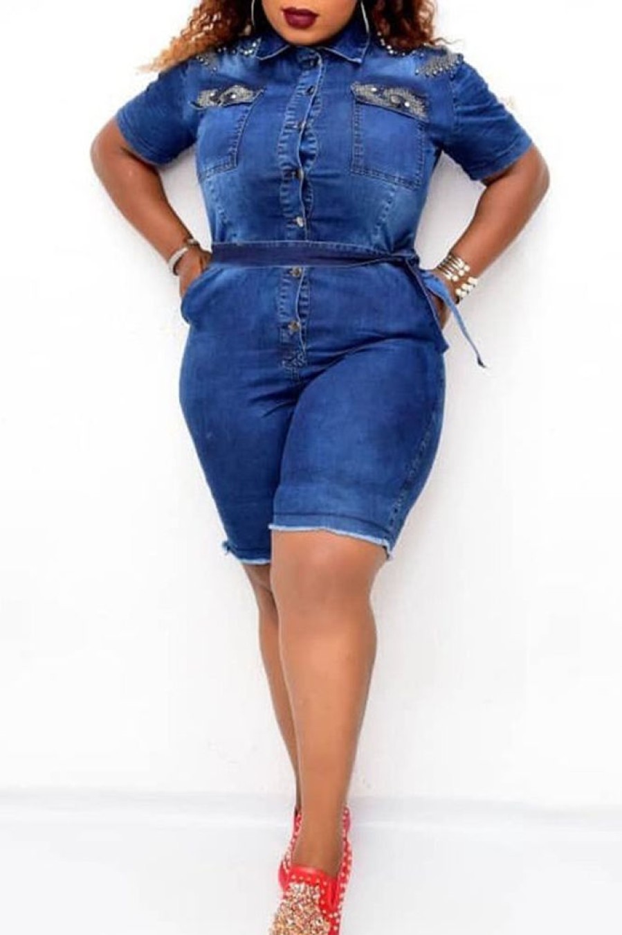 Jumpsuits & Rompers female | Casual Bead Decoration Single Breasted Lace Up Denim Rompers Blue