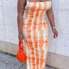 Dresses female | Street Fashion Tie Dye Stripedspaghetti Straps Maxi Dress Orange