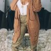 Tops & Outerwear female | Trend Solid Color Long Sleeved Ripped Mid Length Knitted Cardigan Khaki