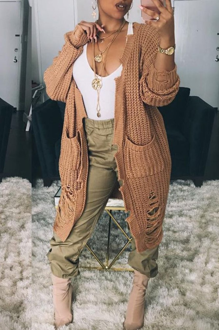 Tops & Outerwear female | Trend Solid Color Long Sleeved Ripped Mid Length Knitted Cardigan Khaki