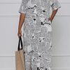 Dresses female | Fashion Loose Newspaper Print Half Sleeve Maxi Dress