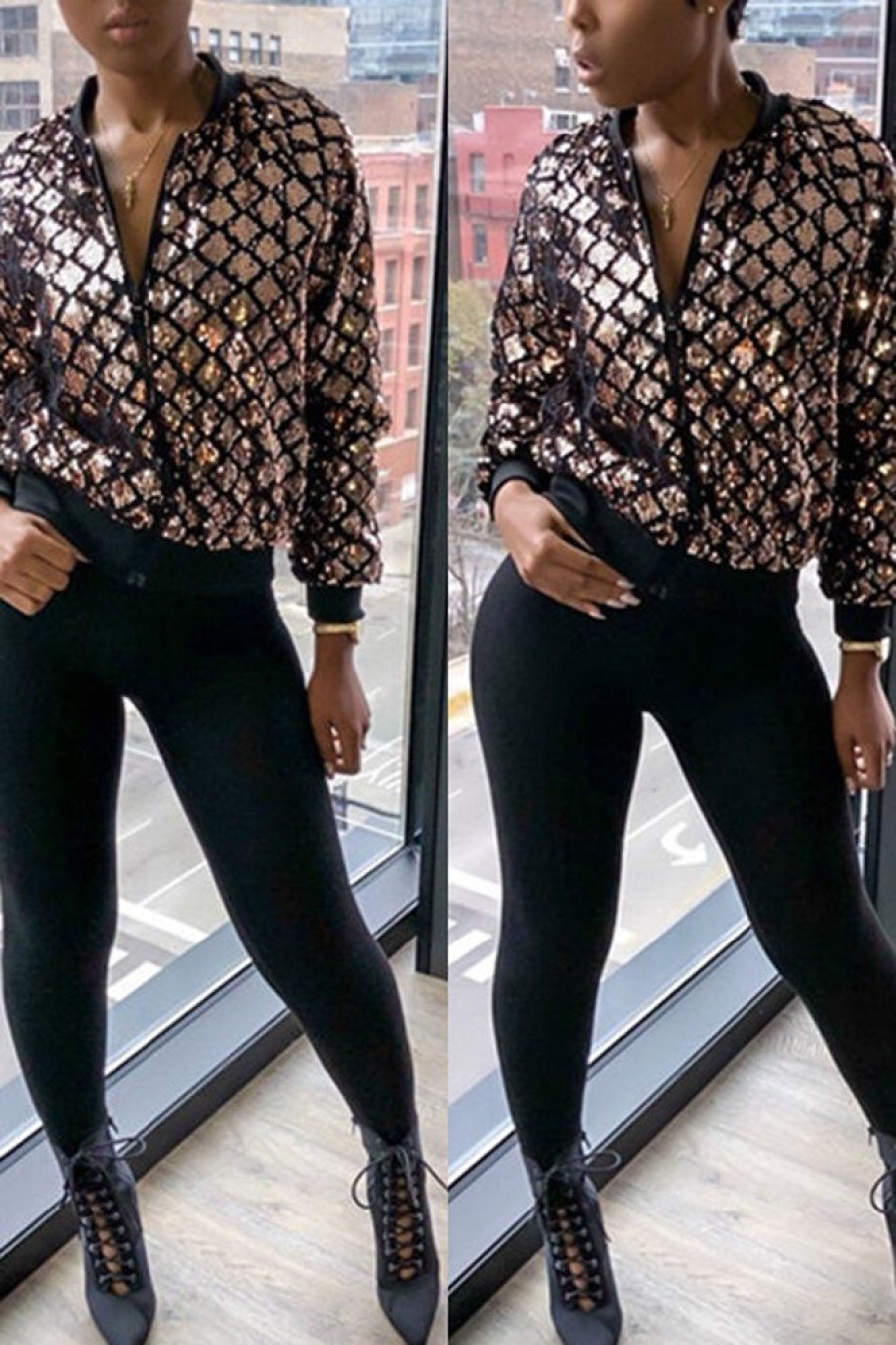 Tops & Outerwear female | Stylish Shiny Cool Sequin Zip Baseball Jacket Gold