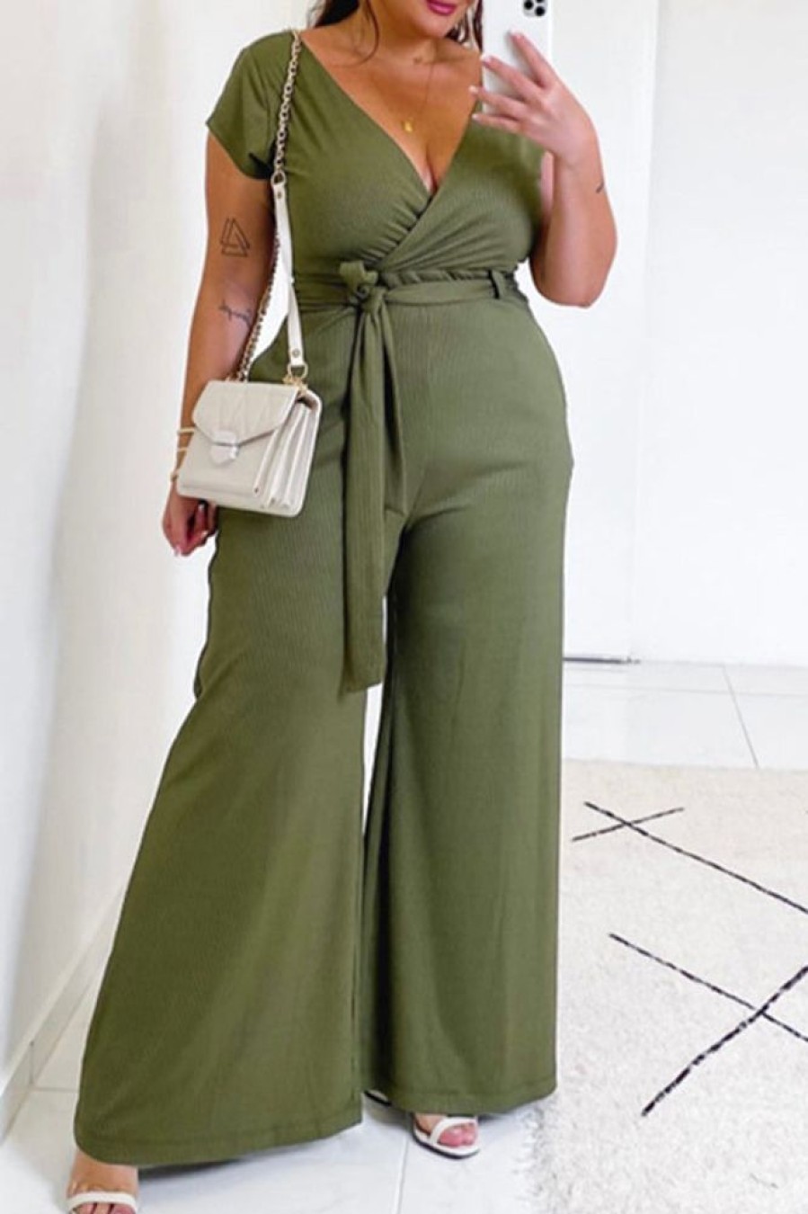 Jumpsuits & Rompers female | Casual Solid Color Lace Up Plus Size Jumpsuits