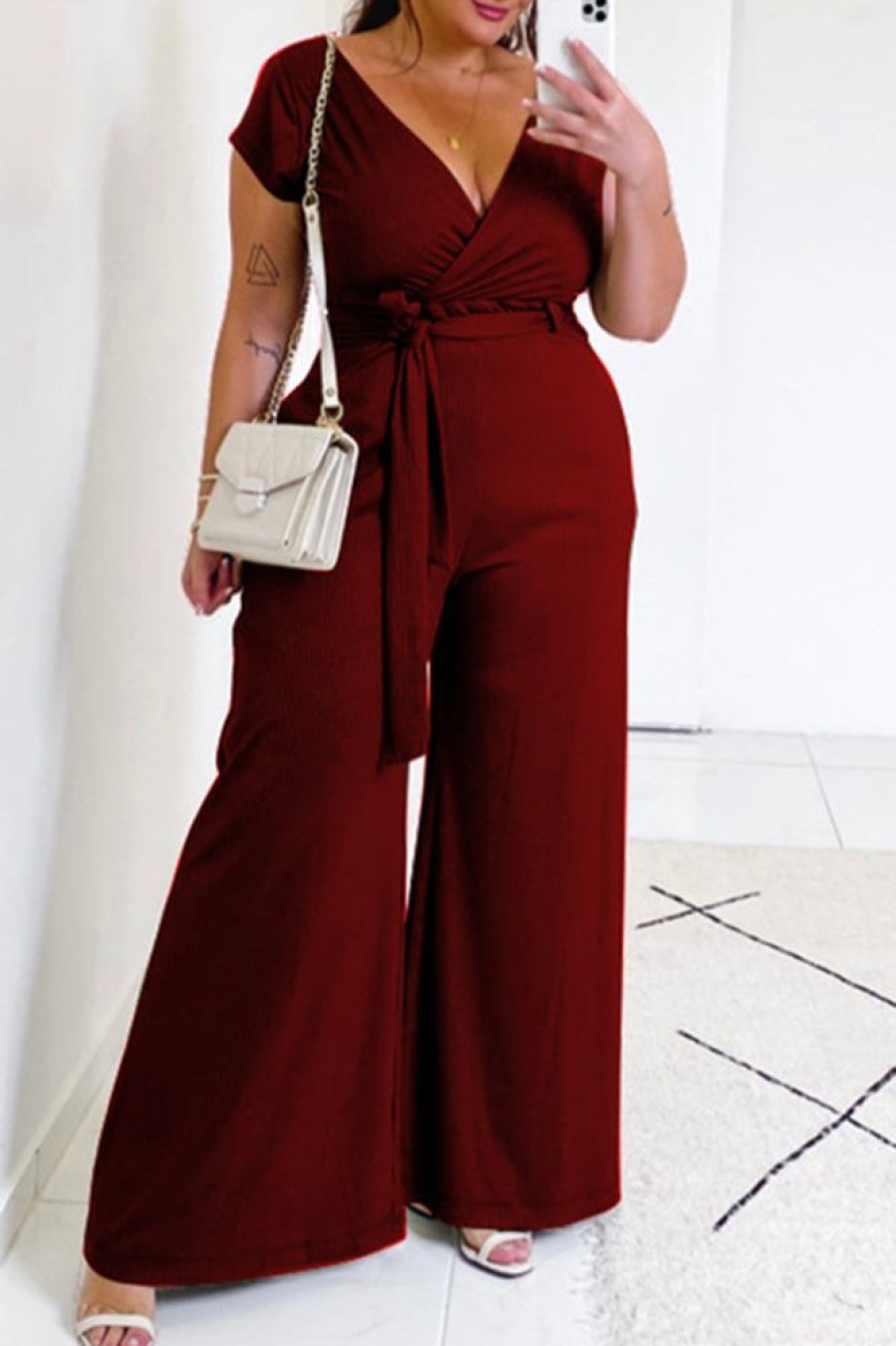 Jumpsuits & Rompers female | Casual Solid Color Lace Up Plus Size Jumpsuits