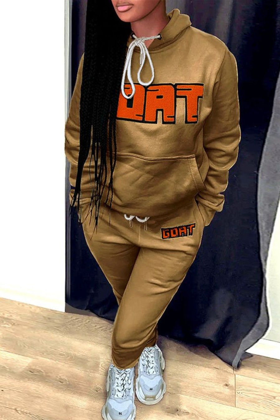 2-Pieces female | Casual Letter Print Drawstring Hoodie Pocket Pant Suits Khaki