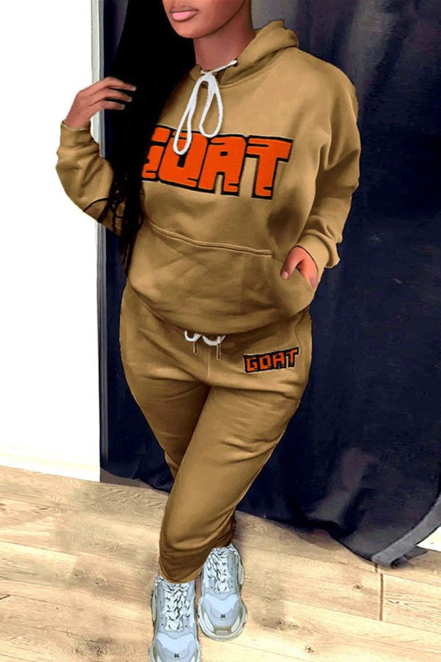 2-Pieces female | Casual Letter Print Drawstring Hoodie Pocket Pant Suits Khaki