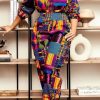 2-Pieces female | Fashion Off Shoulder Color Block Printing Plus Size Pant Suits Multicolor