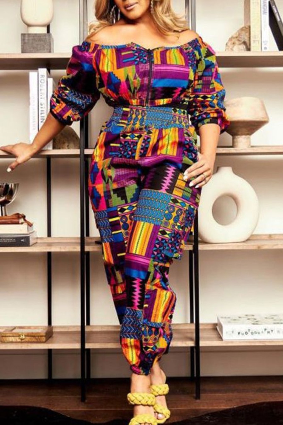 2-Pieces female | Fashion Off Shoulder Color Block Printing Plus Size Pant Suits Multicolor