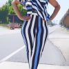 Jumpsuits & Rompers female | Fashion Asymmetric Sloping Shoulder Ruffle Print Striped Jumpsuit Blue