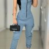 Jumpsuits & Rompers female | Fashion Sexy Slim Zipper Ripped Pocket Denim Overalls Wathet Blue