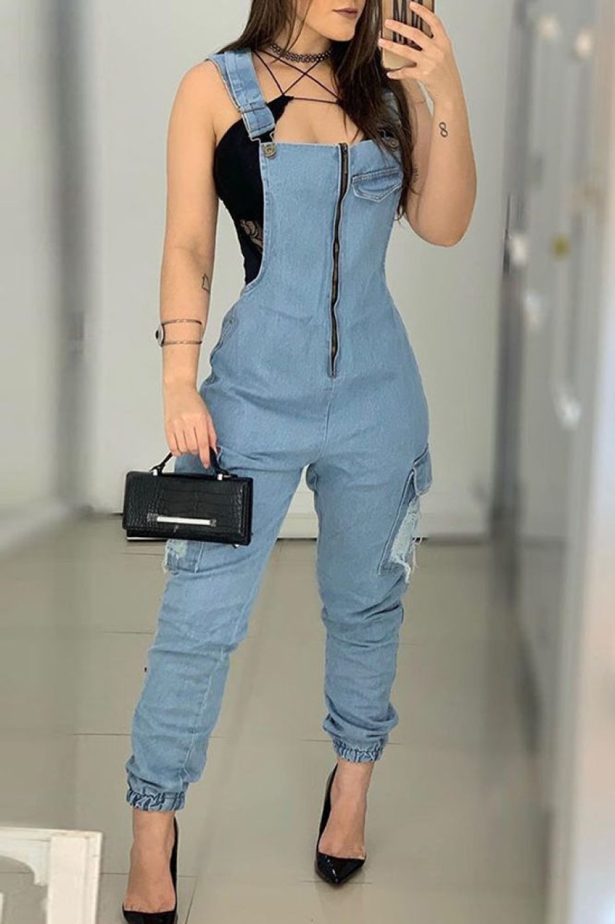 Jumpsuits & Rompers female | Fashion Sexy Slim Zipper Ripped Pocket Denim Overalls Wathet Blue