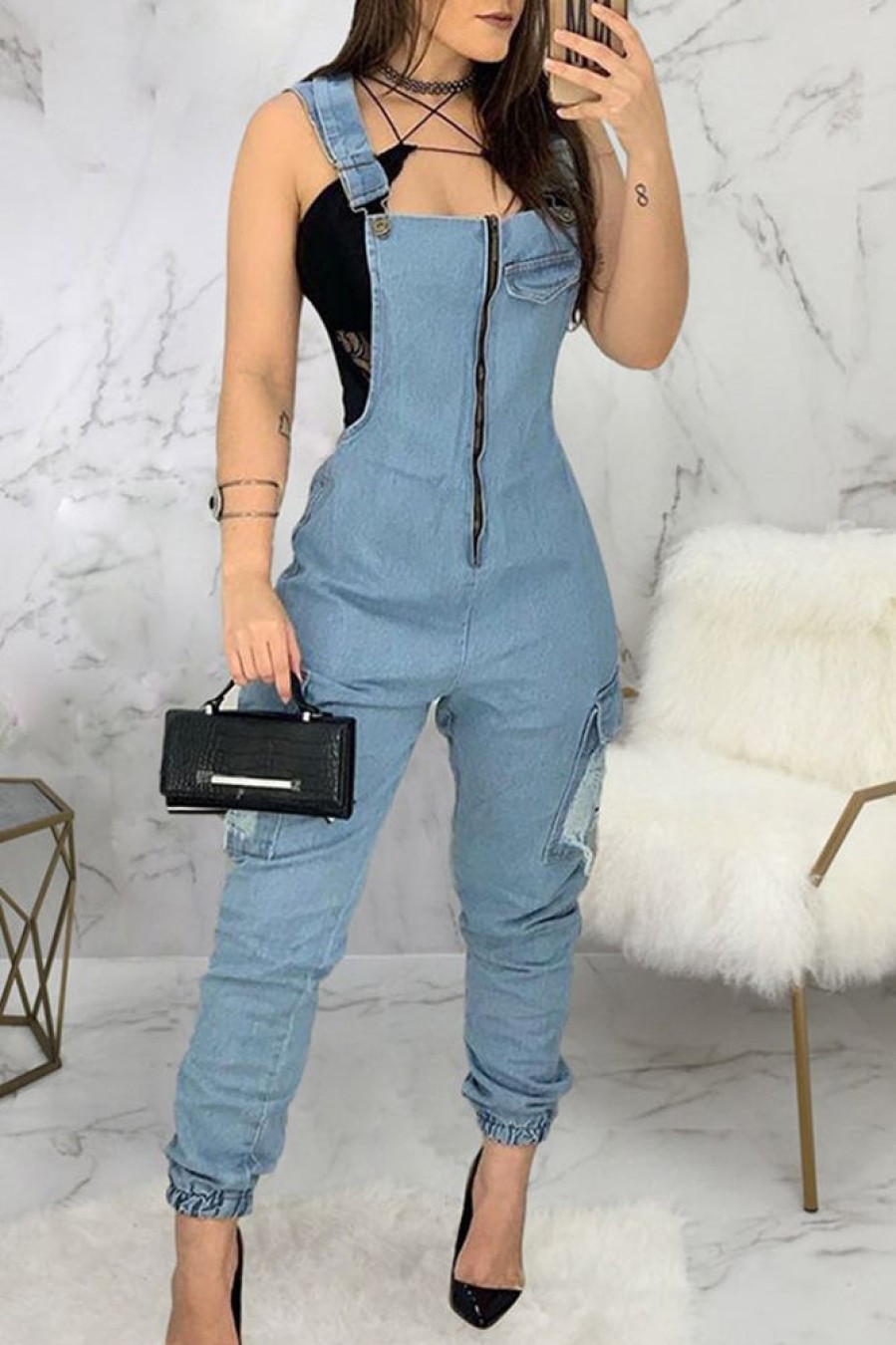 Jumpsuits & Rompers female | Fashion Sexy Slim Zipper Ripped Pocket Denim Overalls Wathet Blue