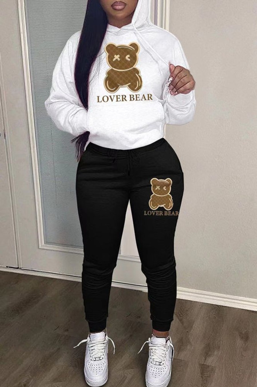 2-Pieces female | Casual Cartoon Bear Print Hoodie Slim Drawstring Pant Suits