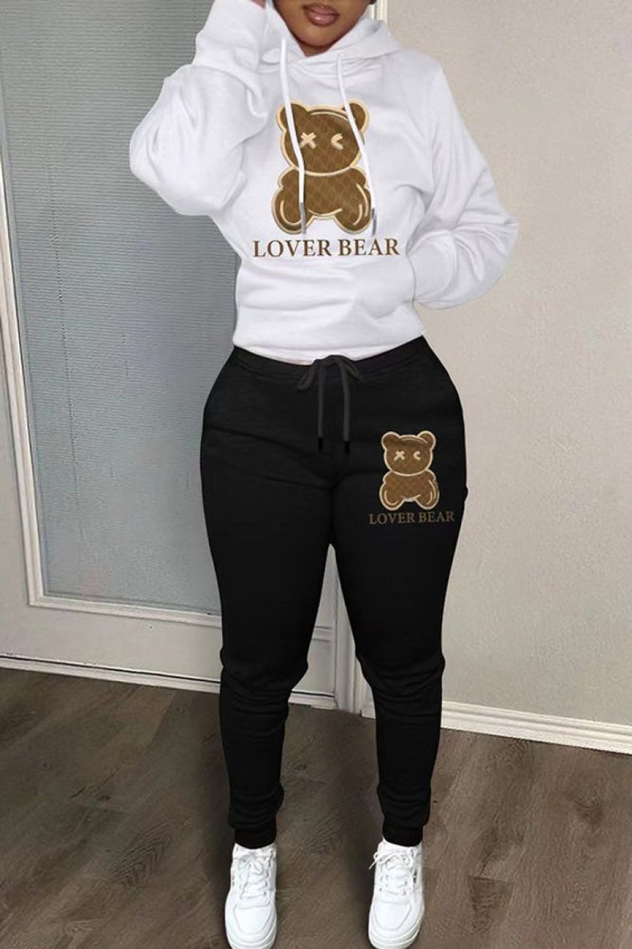 2-Pieces female | Casual Cartoon Bear Print Hoodie Slim Drawstring Pant Suits