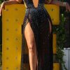 Dresses female | Sexy V-Neck Sleeveless Mesh Diamond High Waist Slit Maxi Dress Black