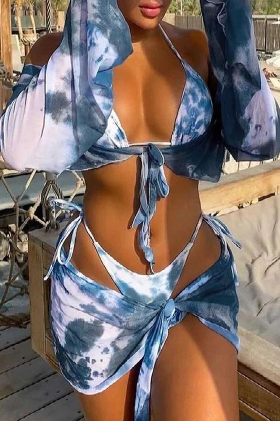 Swimwear female | Tie-Dye Lace-Up Sexy Four-Piece Beach Bikini Blue