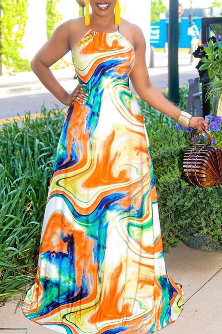 Dresses female | Colorful Print Halter Neck Backless Sleeveless Long Dress Multicolor