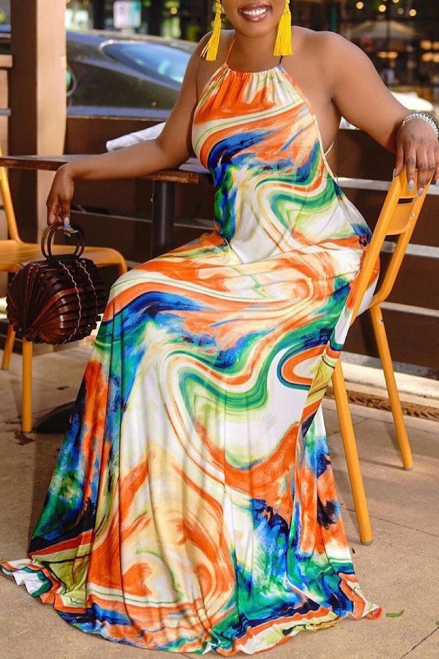 Dresses female | Colorful Print Halter Neck Backless Sleeveless Long Dress Multicolor