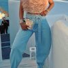 Bottoms female | Stylish High Waist Lace-Up Jeans Wathet Blue