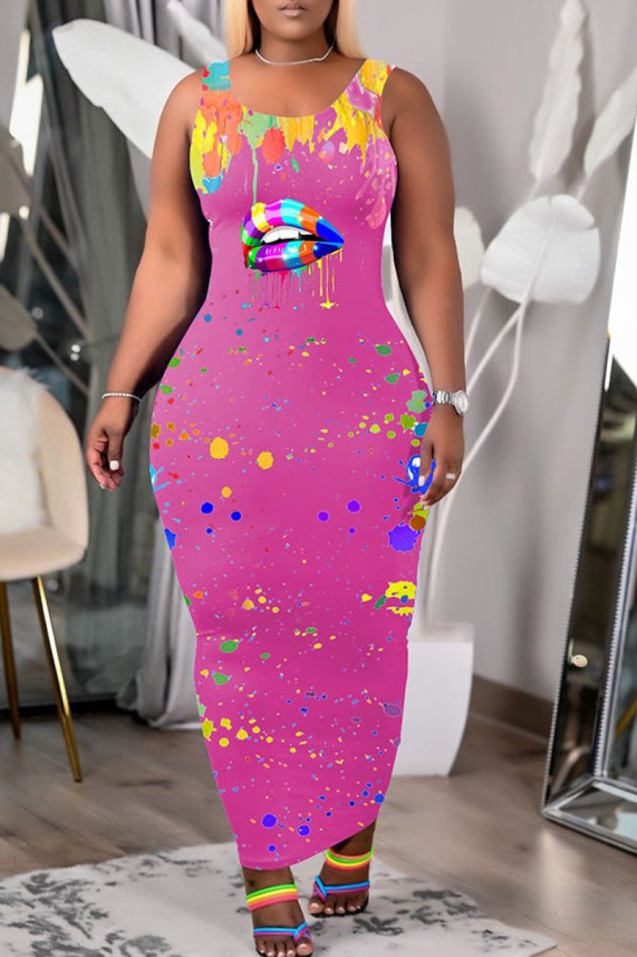 Dresses female | Urban Splash-Ink Elements Color-Blocking Lip Print Dress Plus Size