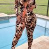 Jumpsuits & Rompers female | Drawstring Pleated Off-Shoulder Long-Sleeved Jumpsuit Leopard Print