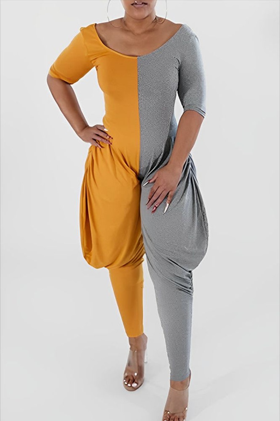 Jumpsuits & Rompers female | Casual Half Sleeve Two-Color Stitching Round Neck Ruching Jumpsuit Yellow