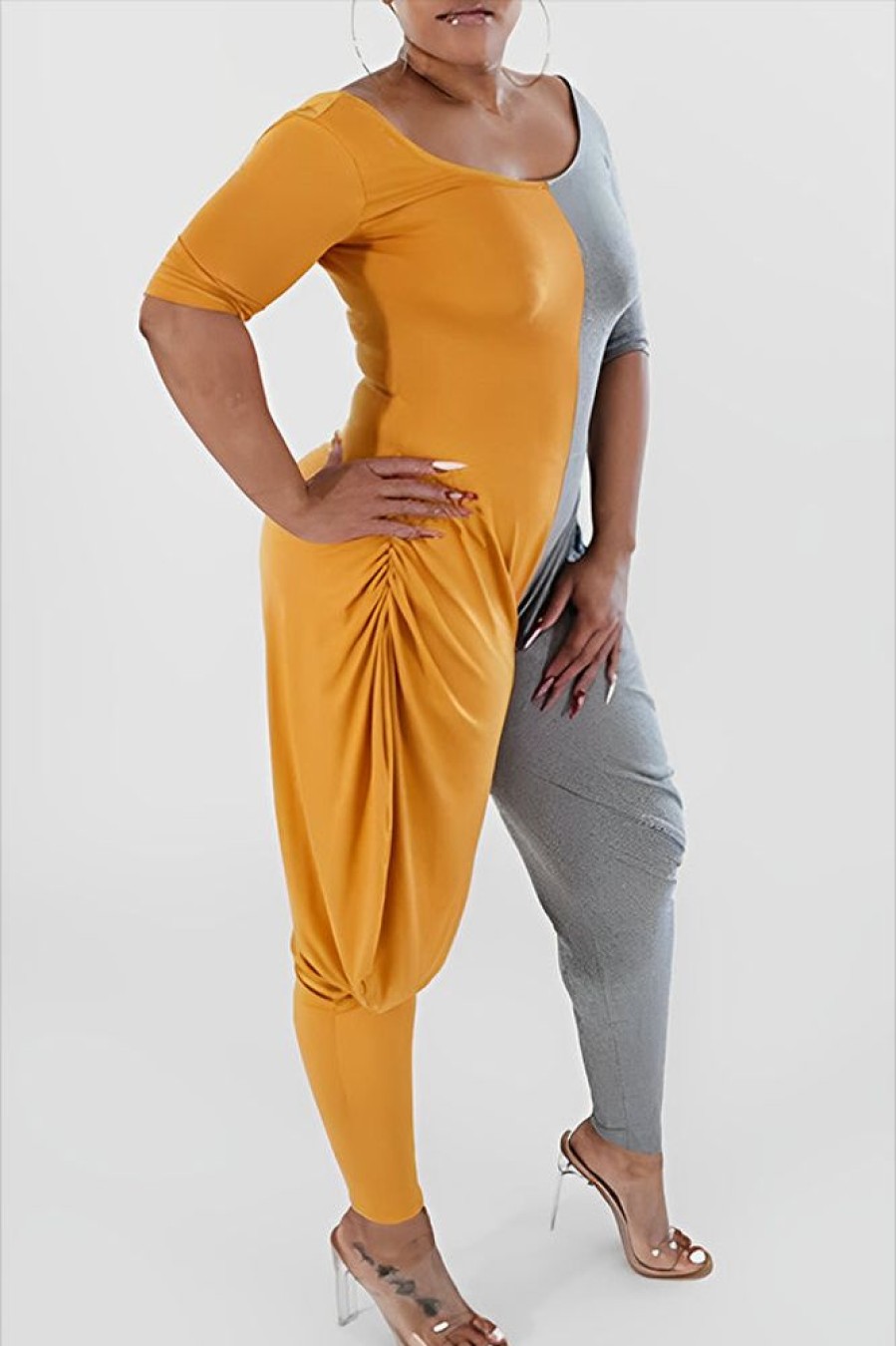 Jumpsuits & Rompers female | Casual Half Sleeve Two-Color Stitching Round Neck Ruching Jumpsuit Yellow