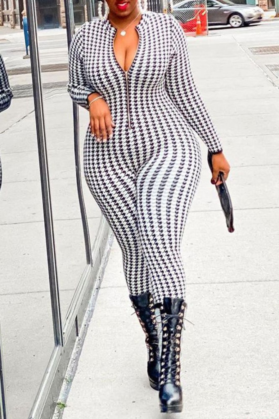 Jumpsuits & Rompers female | Plus Size Casual Long Sleeve Houndstooth Print Zip Jumpsuit White