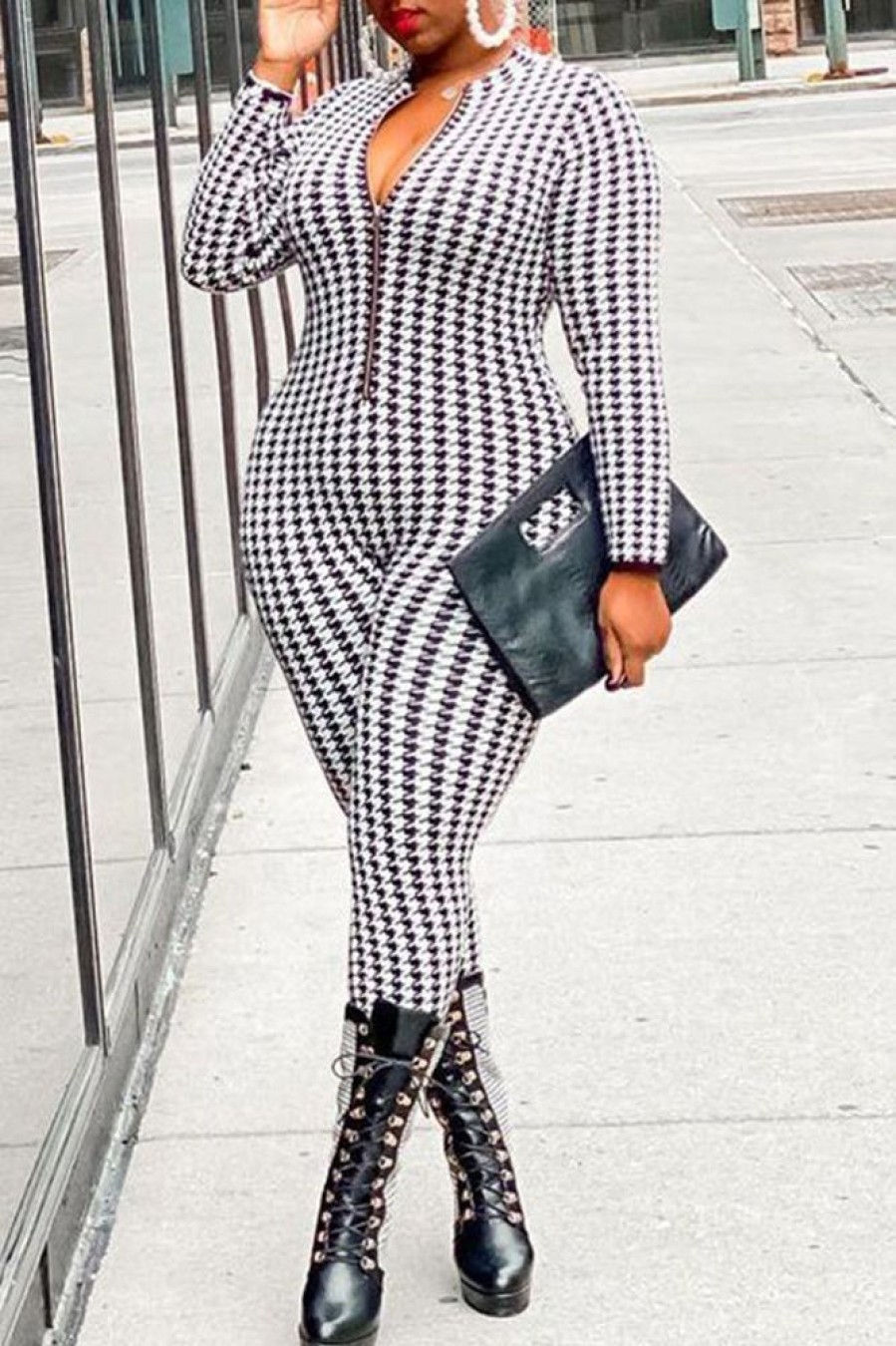 Jumpsuits & Rompers female | Plus Size Casual Long Sleeve Houndstooth Print Zip Jumpsuit White