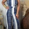 Jumpsuits & Rompers female | Fashion Irregular Stripe Halter Neck Tie Wide Leg Jumpsuit Blue